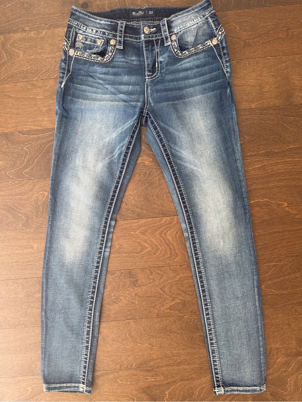 Miss Me Women's Faded Blue Skinny Jeans with Embellished Pockets